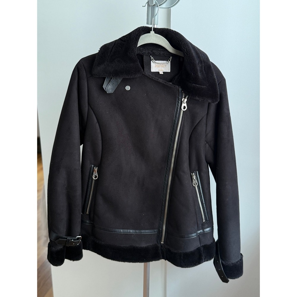 Black Faux Suede Fur Lined Moto Biker Jacket / Small - Picture 5 of 5